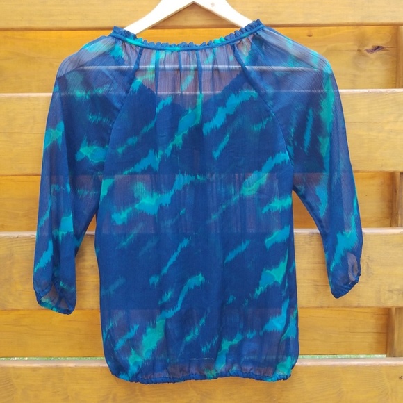 Sheer Blue Green Blouse w/ Tie Neckline - Picture 3 of 4